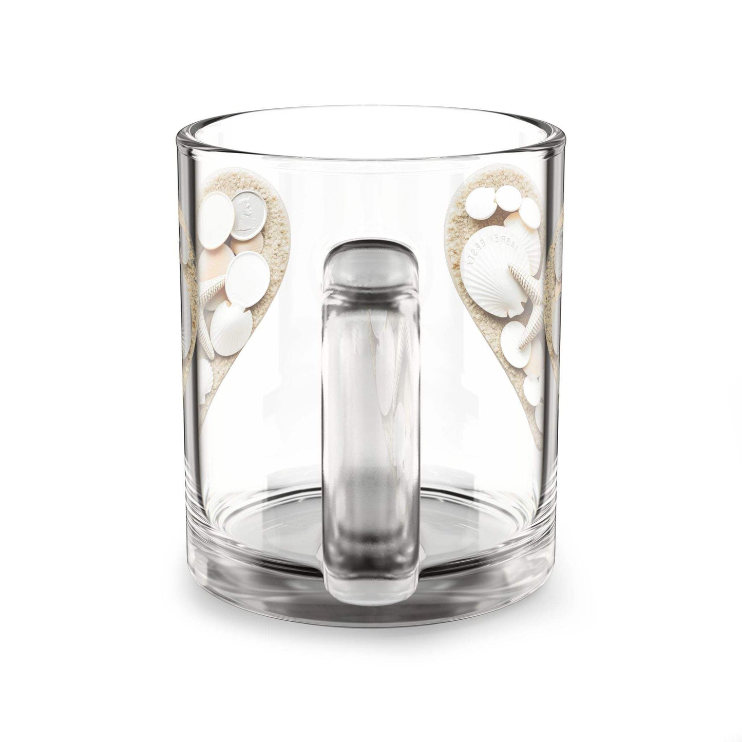Coastal glass mug with shell design, clear 10oz for beach lovers.