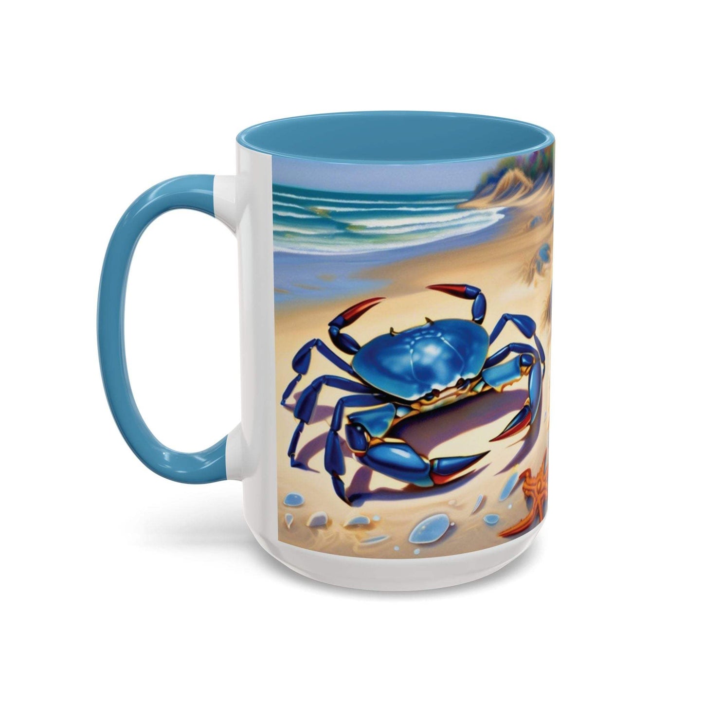Coastal crab accent coffee mug with beach design, perfect for sea-themed kitchen decor.