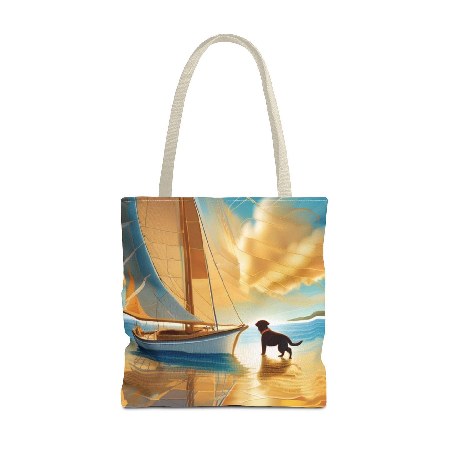 Tote Bag Sailing Adventure featuring nautical scene and dog, ideal for nature enthusiasts.