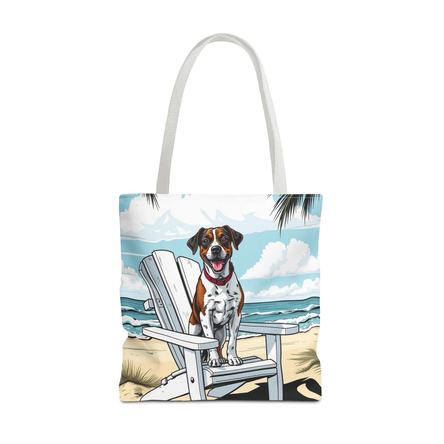 Beach tote bag featuring dog artwork for pet lovers and summer adventures.