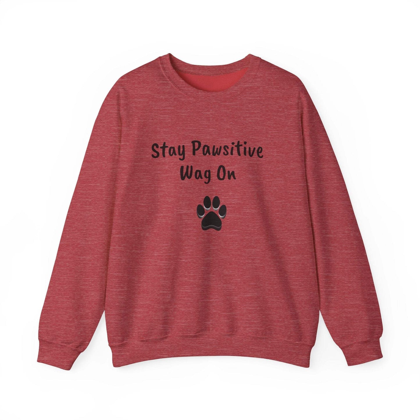 Unisex red sweatshirt with "Stay Pawsitive Wag On" and paw print design.