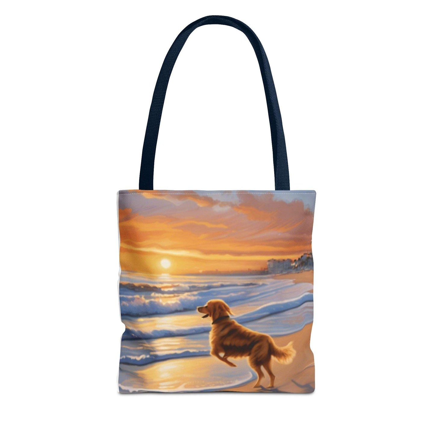 Canine on Beach Tote Bag with sunset scene, durable polyester, and cotton straps.