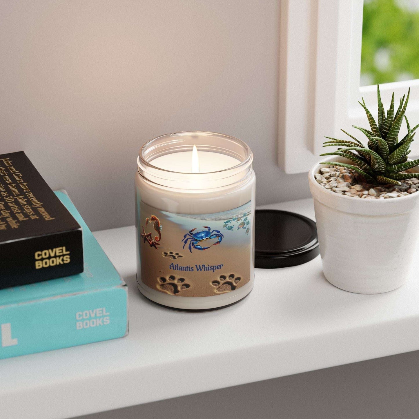 Scented Soy Candle Atlantis Whisper on shelf, ocean-inspired aroma, eco-friendly, 9oz.