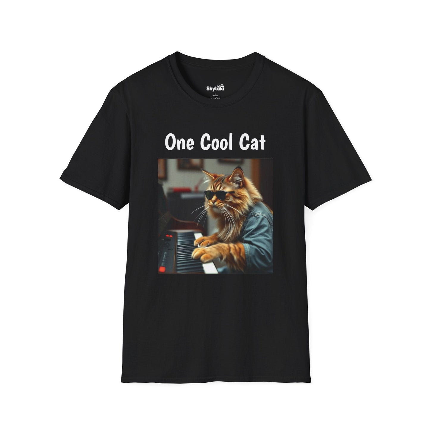 Unisex Softstyle T-Shirt with playful piano-playing cat design for cat lovers.