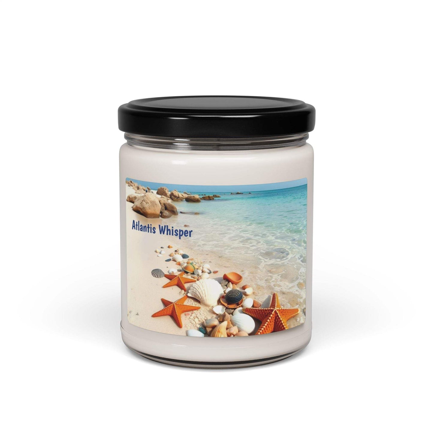 Scented Soy Candle Atlantis Whisper in glass jar, beach-inspired fragrance, 9oz.