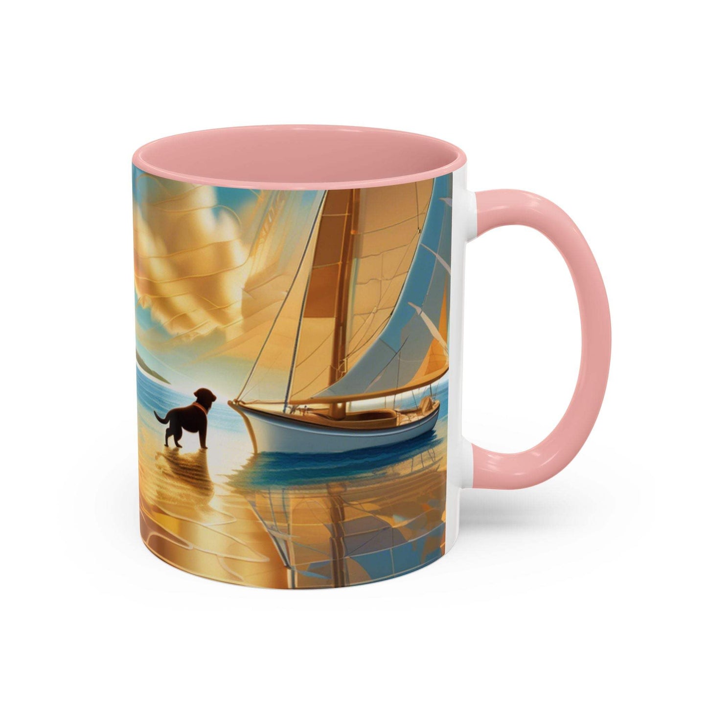 Serene Sunset Dog Lover's Mug featuring vibrant art of a dog and sailboat, available in 11oz and 15oz.