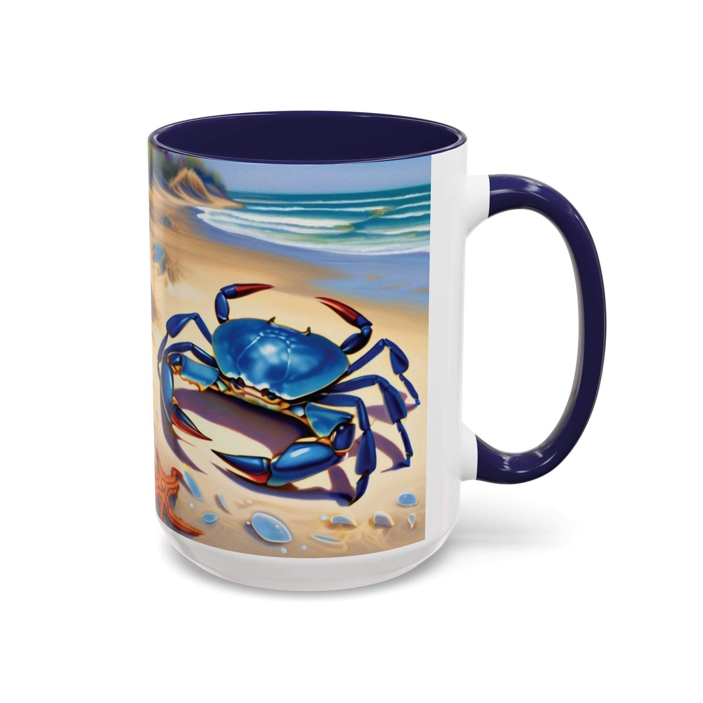 Coastal Crab Accent Coffee Mug with beach design, perfect for beach lovers, 11oz and 15oz sizes.