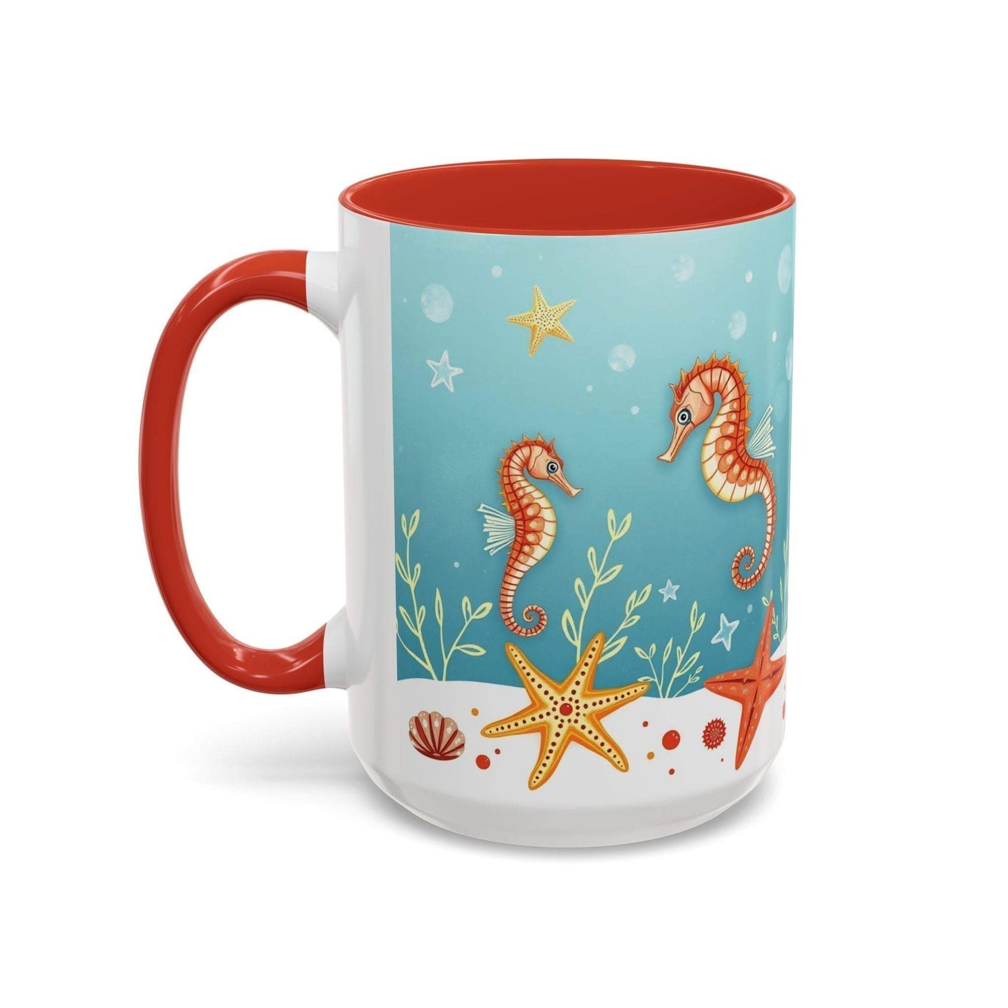 Ocean-themed accent coffee mug with sea life design featuring seahorses and starfish.