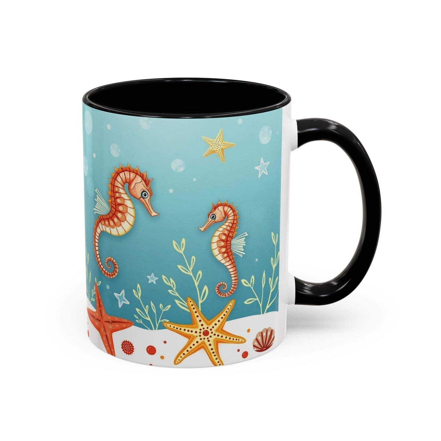Ocean-themed accent coffee mug featuring seahorses and starfish design.