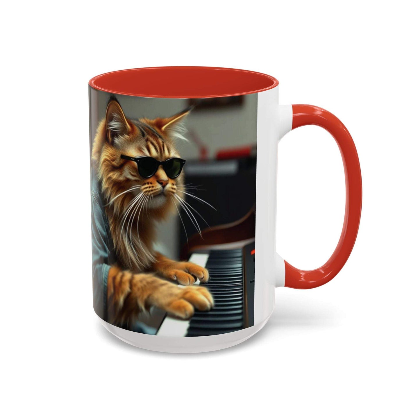 Cool Cat Musician Coffee Mug with colorful interior and cat playing piano design.