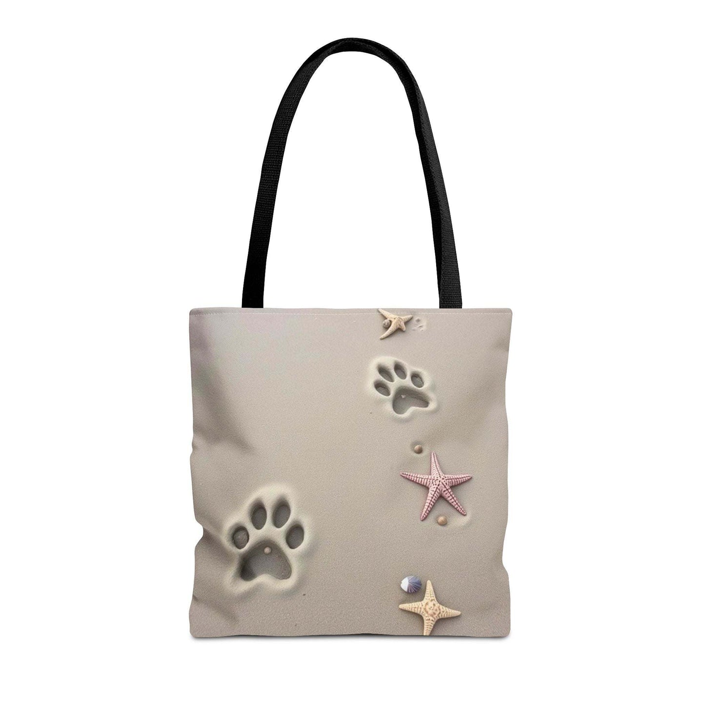 Beach tote bag with paw and starfish design, perfect for pet lovers and beach outings.