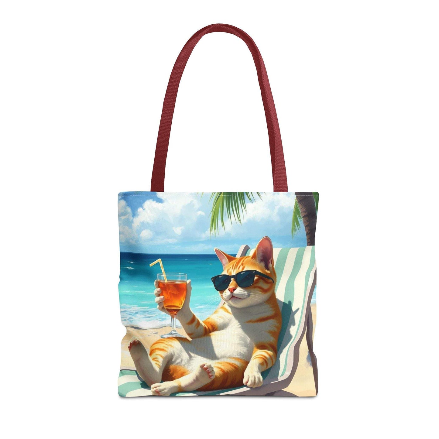 Cat tote bag with a relaxed cat sipping a drink, perfect for summer adventures.