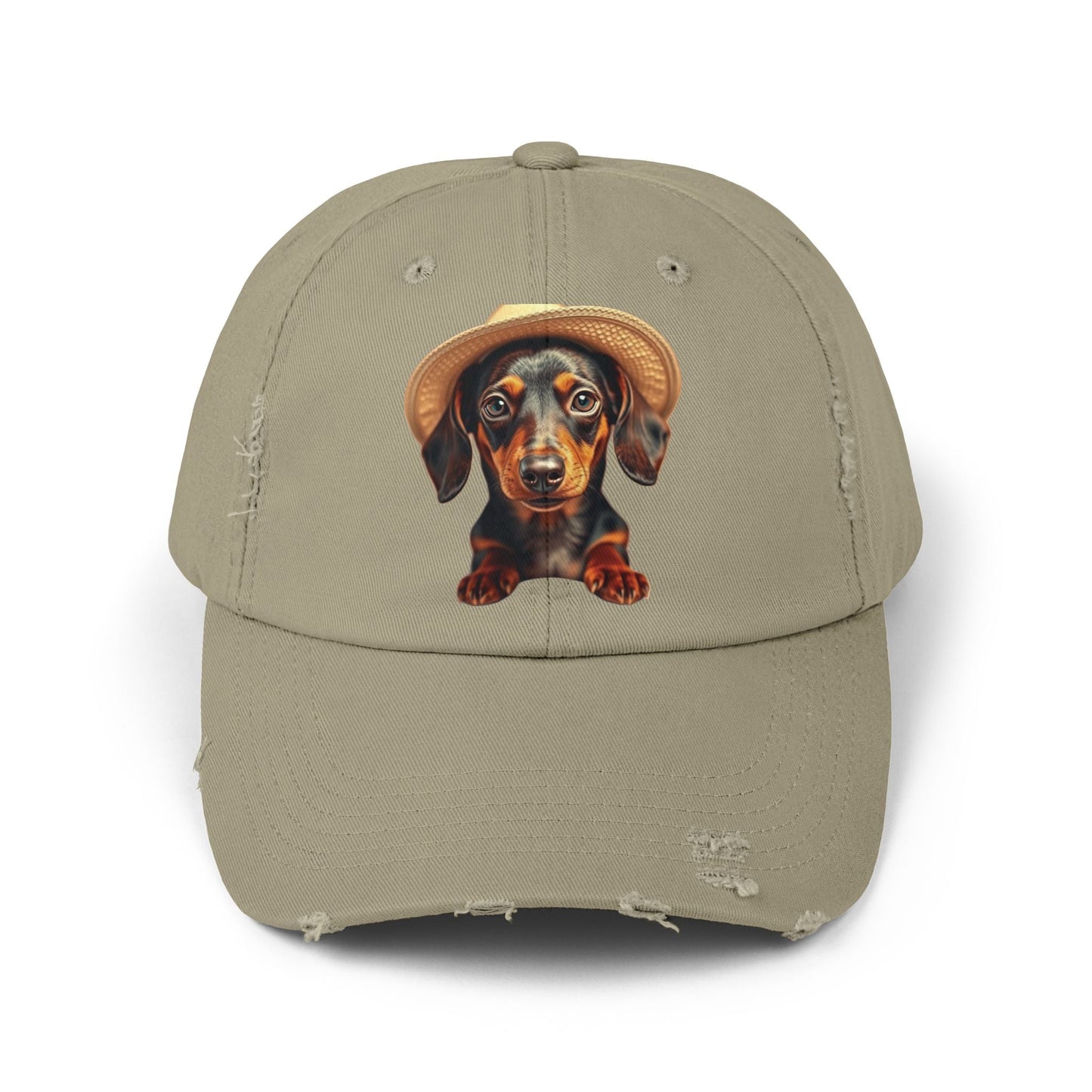 Distressed baseball cap with dachshund design, perfect for dog lovers seeking a vintage style.