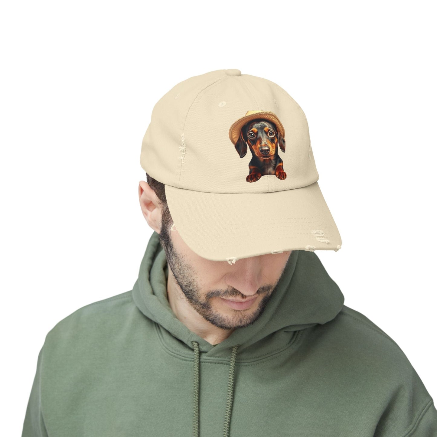 Distressed baseball cap with Dachshund design, vintage style hat for dog lovers.