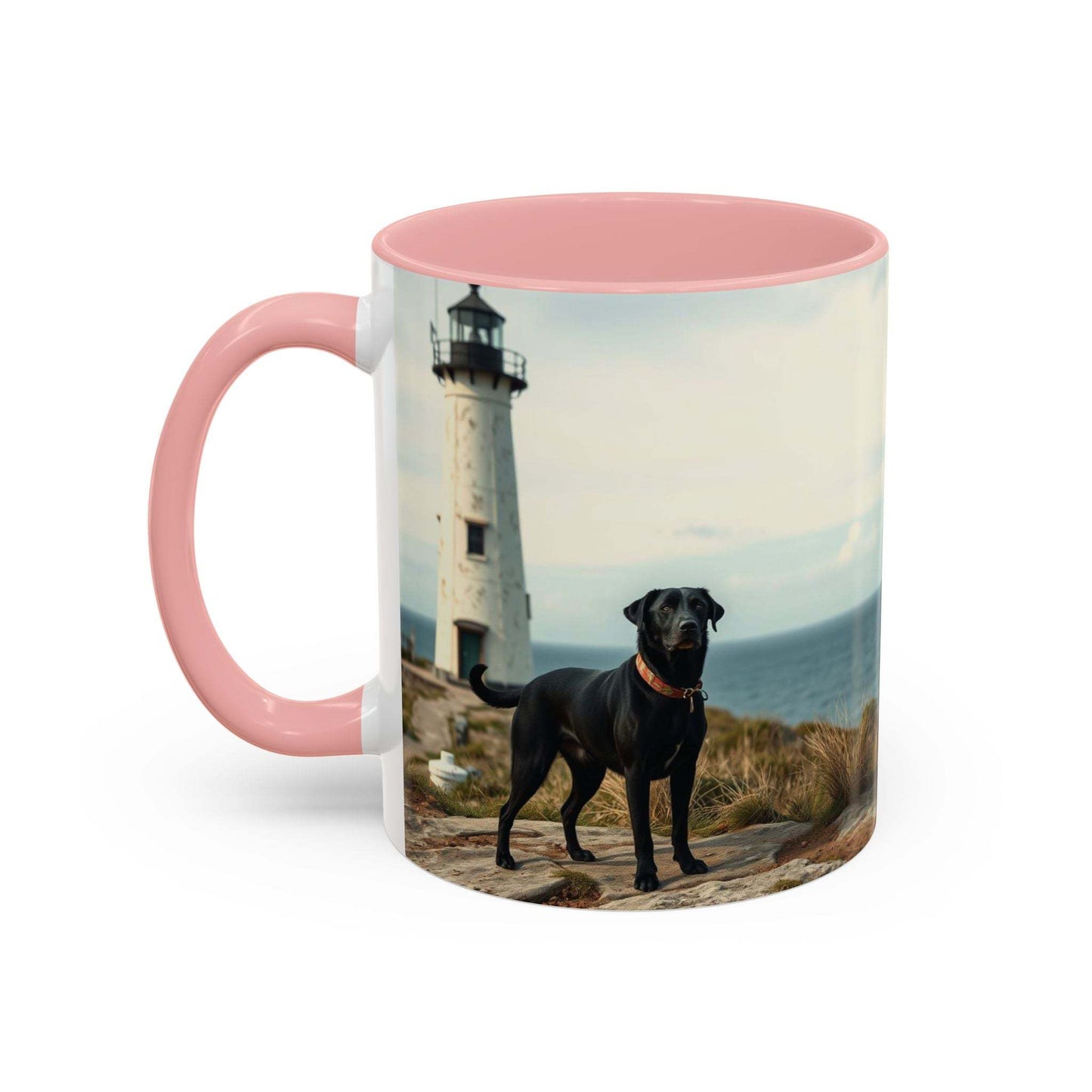 Coastal Vibe Coffee Mug featuring lighthouse and dog design, ocean-themed drinkware with pink interior.