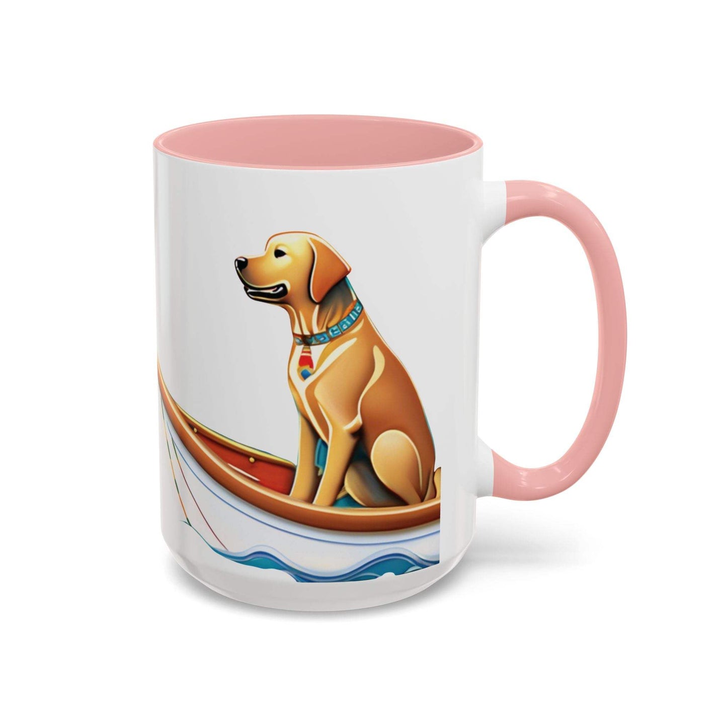 Nautical dog lover coffee mug with vibrant design on white ceramic, pink interior, 11oz and 15oz sizes.