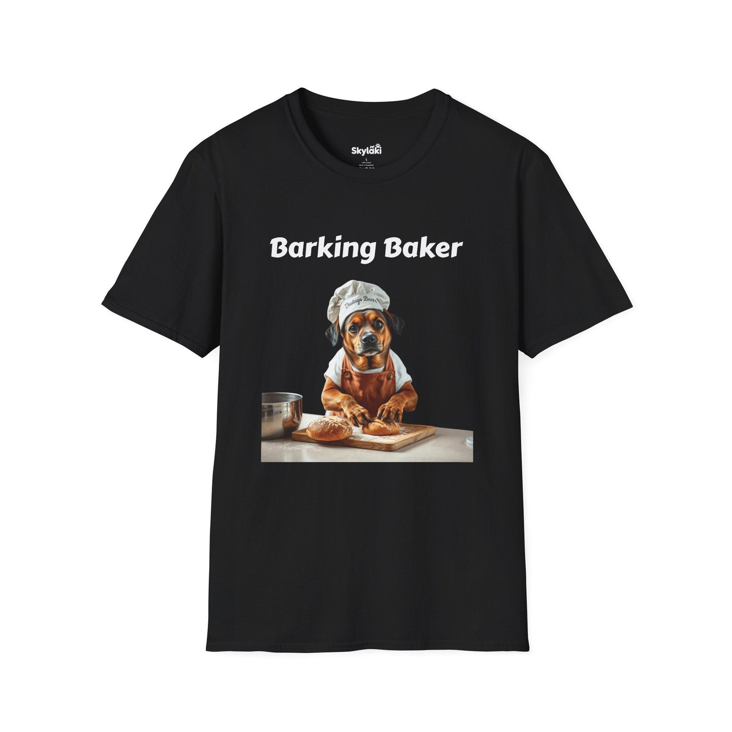 Unisex softstyle t-shirt with whimsical "Barking Baker" dog chef design for baking lovers.