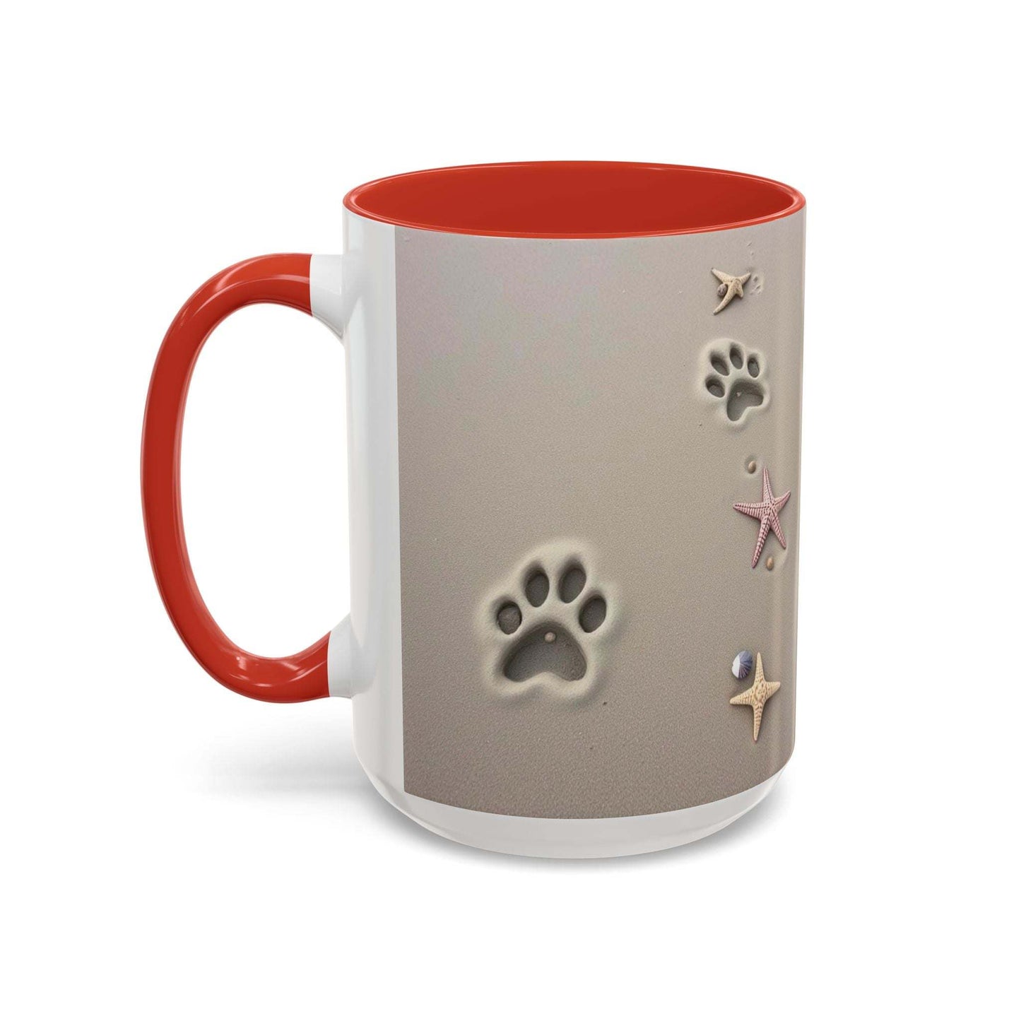 Nautical coffee mug with starfish and paw prints, perfect for beach and animal lovers.