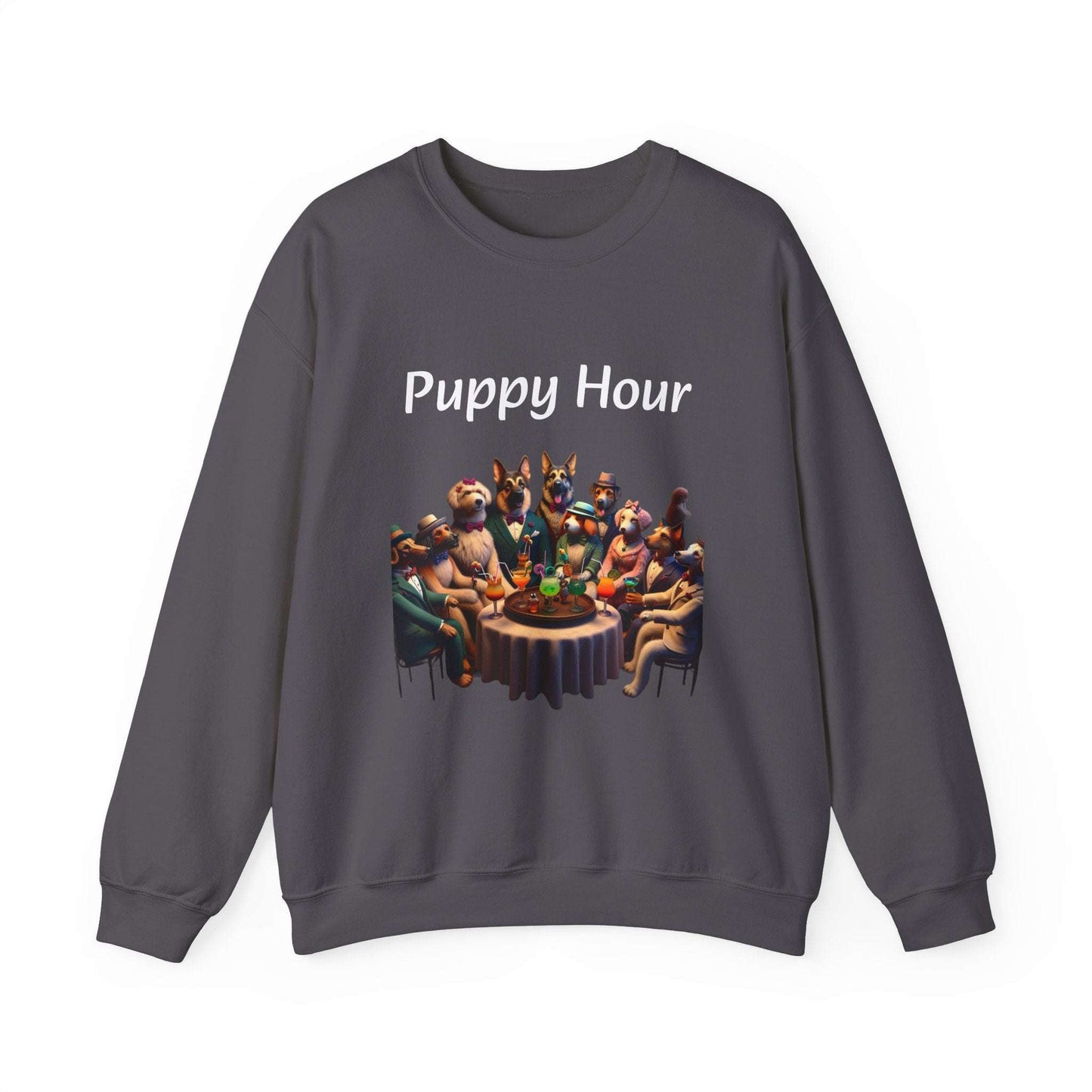 Unisex crewneck sweatshirt with "Puppy Hour" design, featuring dogs gathered around a table, high-quality fabric.