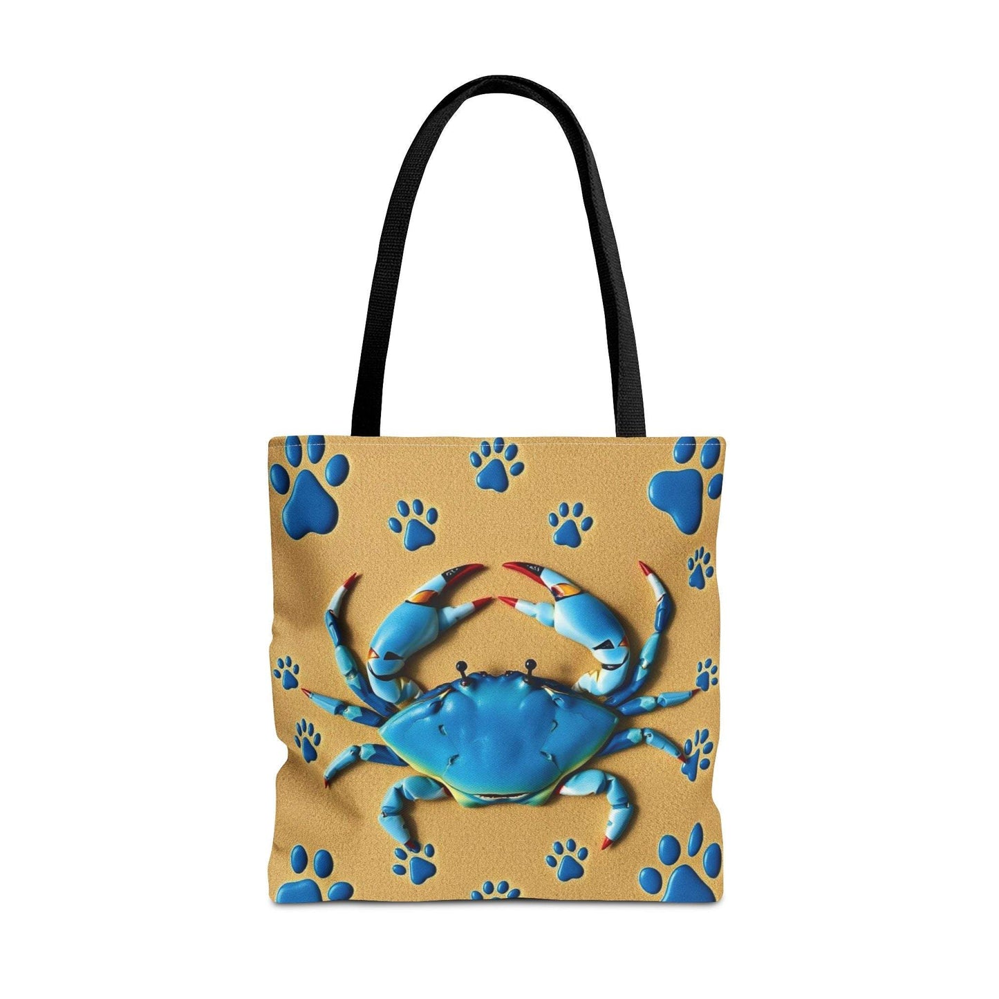 Blue Crab Pattern Tote Bag with Coastal Design and Black Handles for Beach Lovers