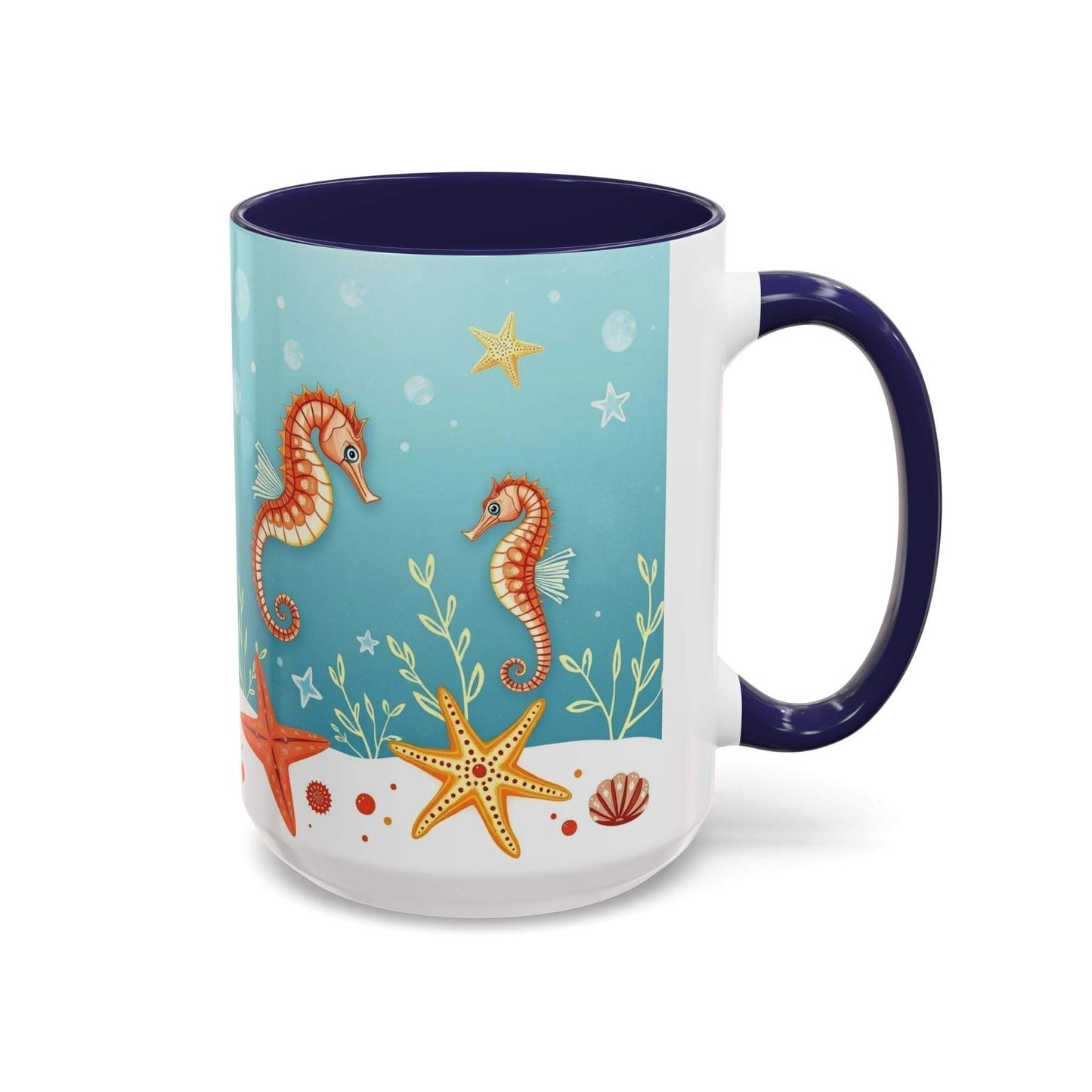 Ocean-themed accent coffee mug featuring sea life design with seahorses and starfish, vibrant blue interior.