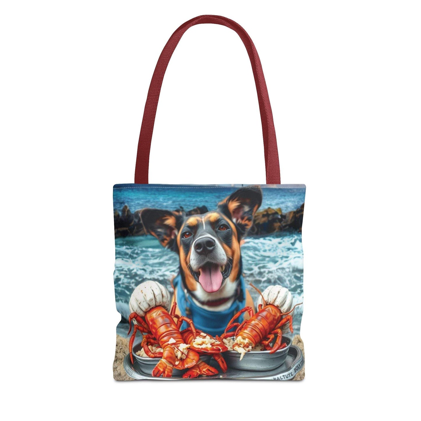 Colorful tote bag with happy dog and lobster design, ideal beach accessory.