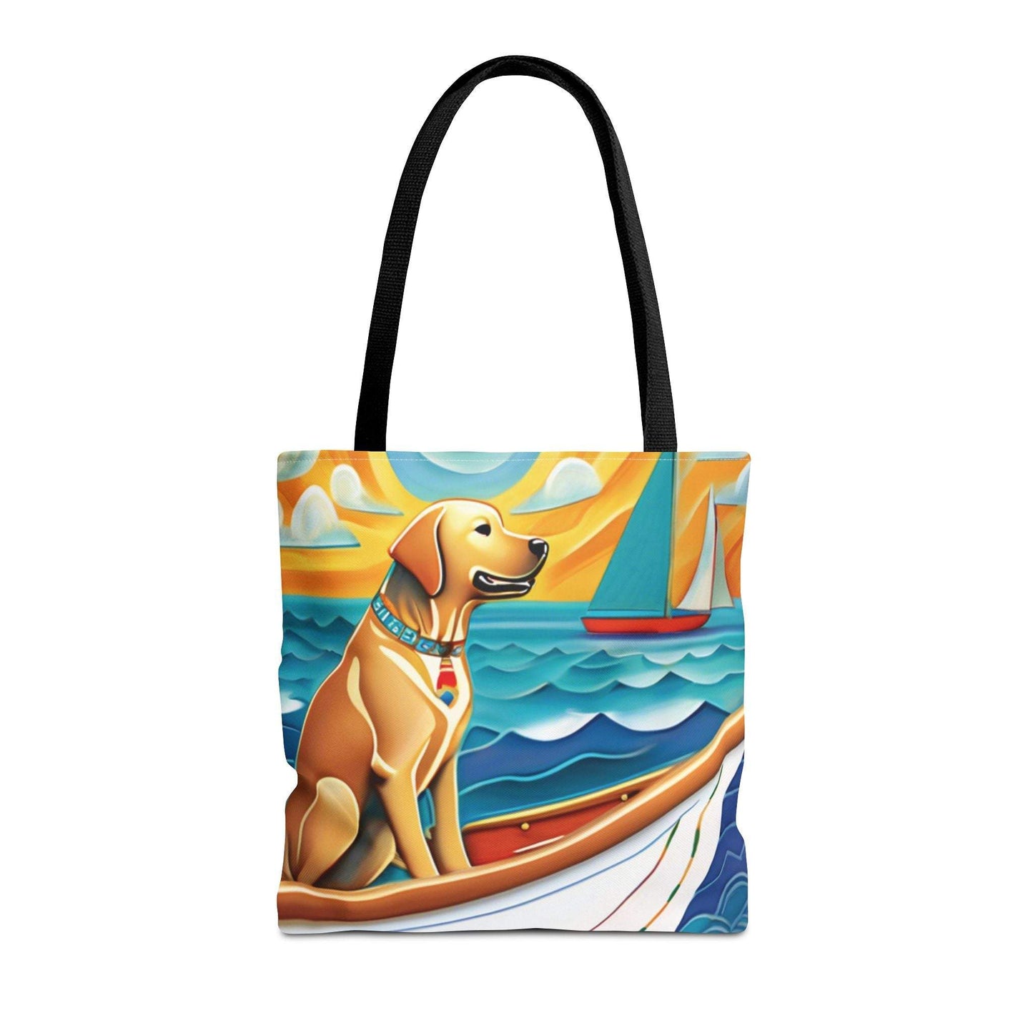 Vibrant Sailing Dog Tote Bag with cheerful dog design on calm blue waters.