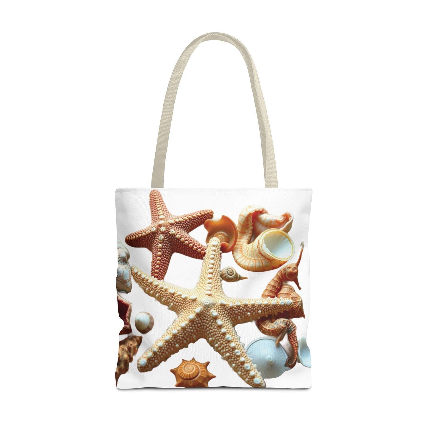 Beach tote bag with seashell design featuring starfish, ideal for summer outings.