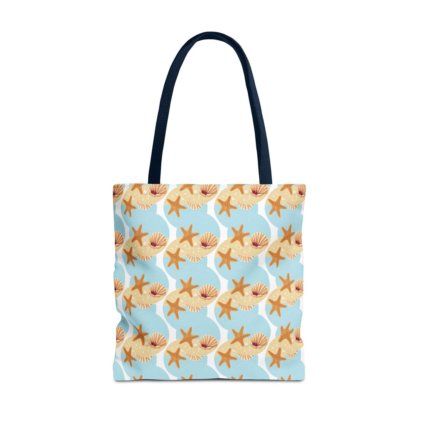 Seashell & Starfish Beach Tote Bag with coastal pattern, perfect for summer outings.