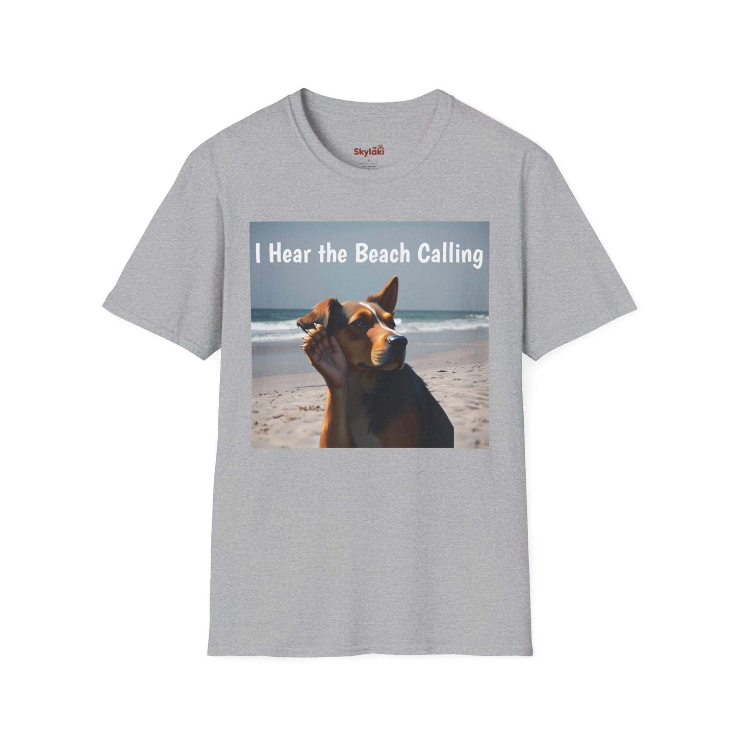 Dog Lovers Unisex Softstyle T-Shirt with beach theme and dog illustration.