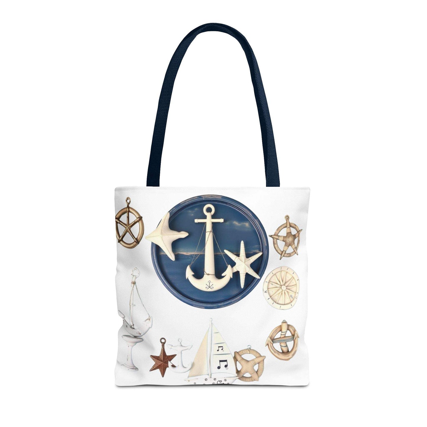 Nautical tote bag with anchor and star motif, featuring durable polyester fabric and stylish coastal design.