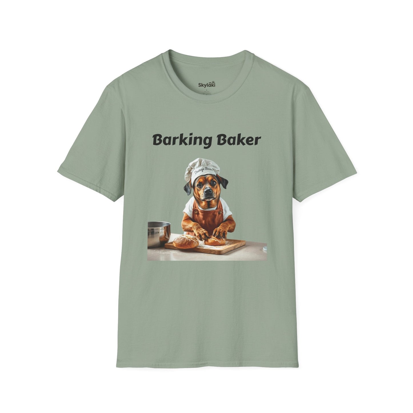 Unisex softstyle t-shirt with whimsical "Barking Baker" dog chef design for baking lovers.