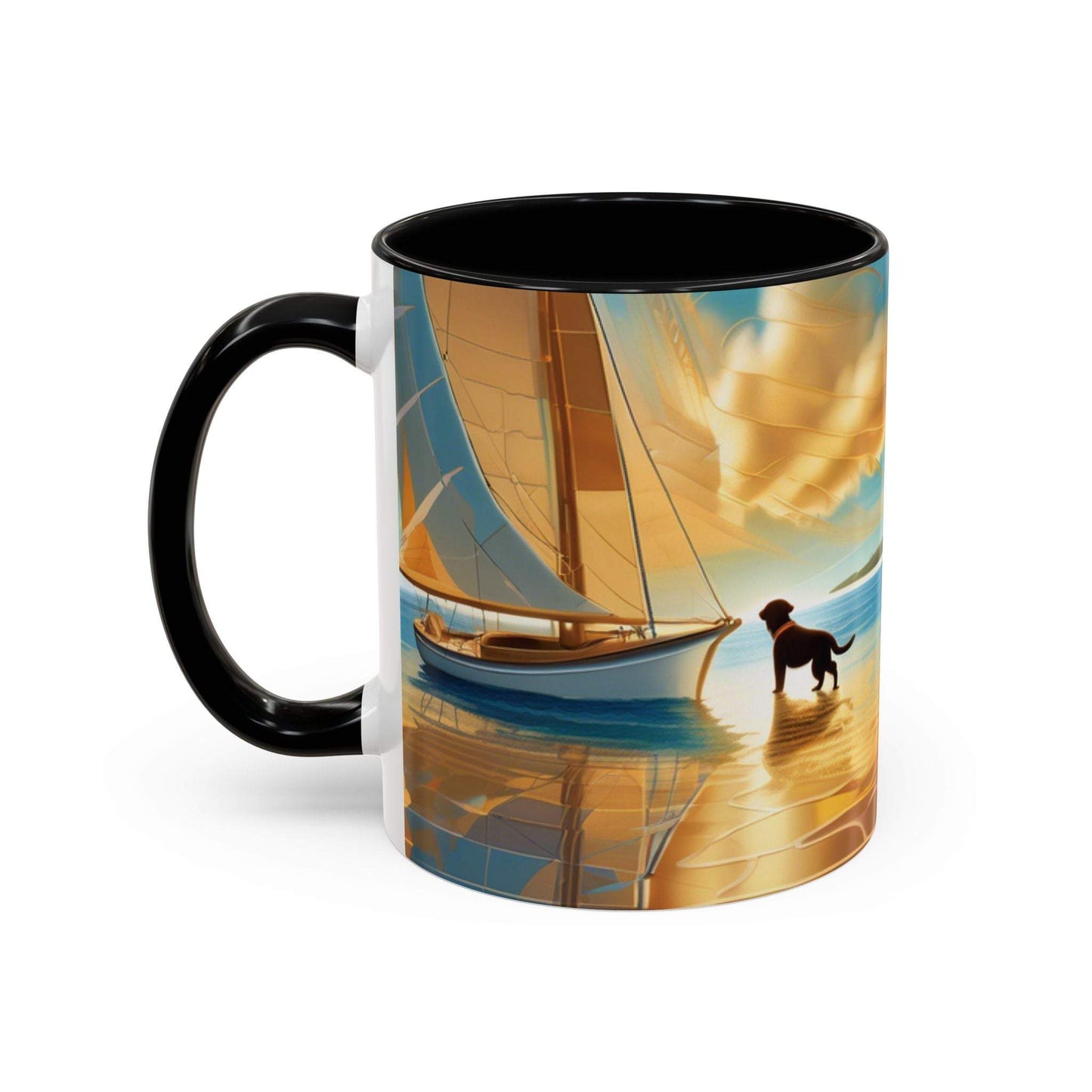 Serene Sunset Dog Lover's Mug with vibrant artwork featuring a dog by a sailboat.