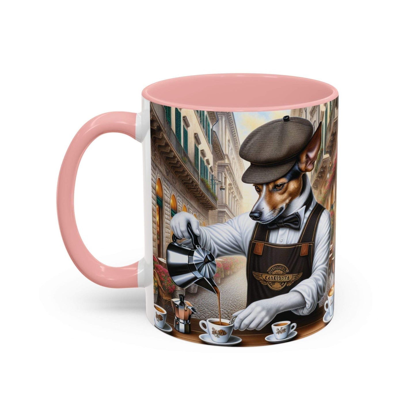 Artistic dog barista coffee mug with unique design and vibrant colors, available in 11oz and 15oz sizes.