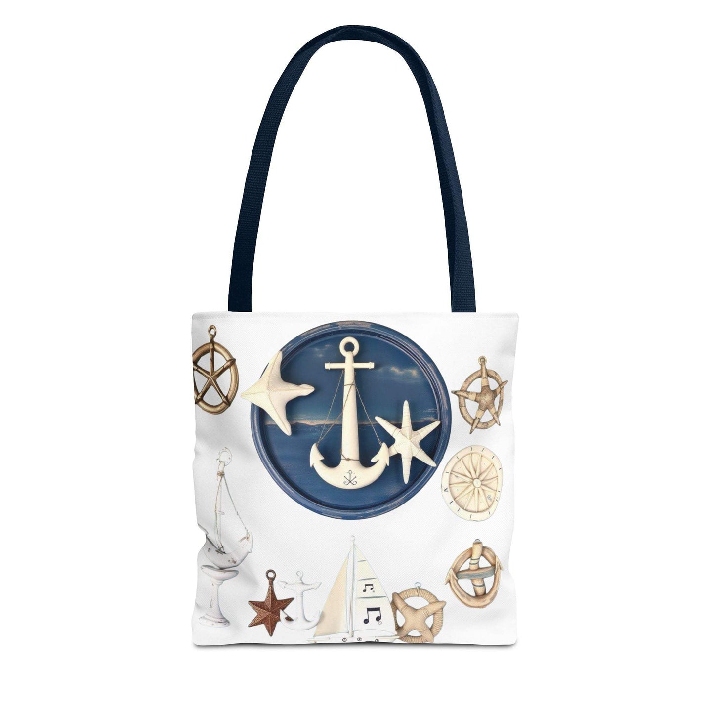 Nautical tote bag with anchor and star motif, durable 100% polyester, ideal for beach and everyday use.