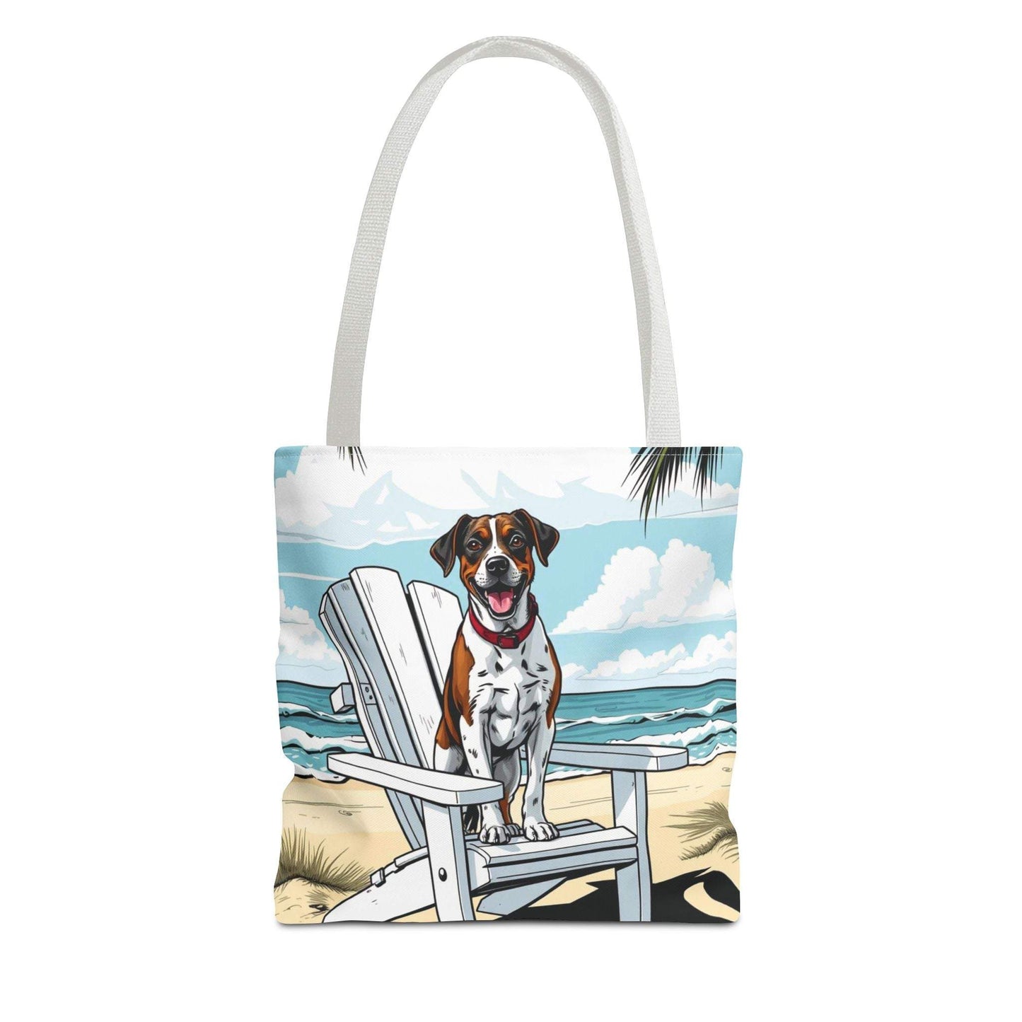 Vibrant beach tote bag with dog artwork, perfect for pet lovers and summer adventures.