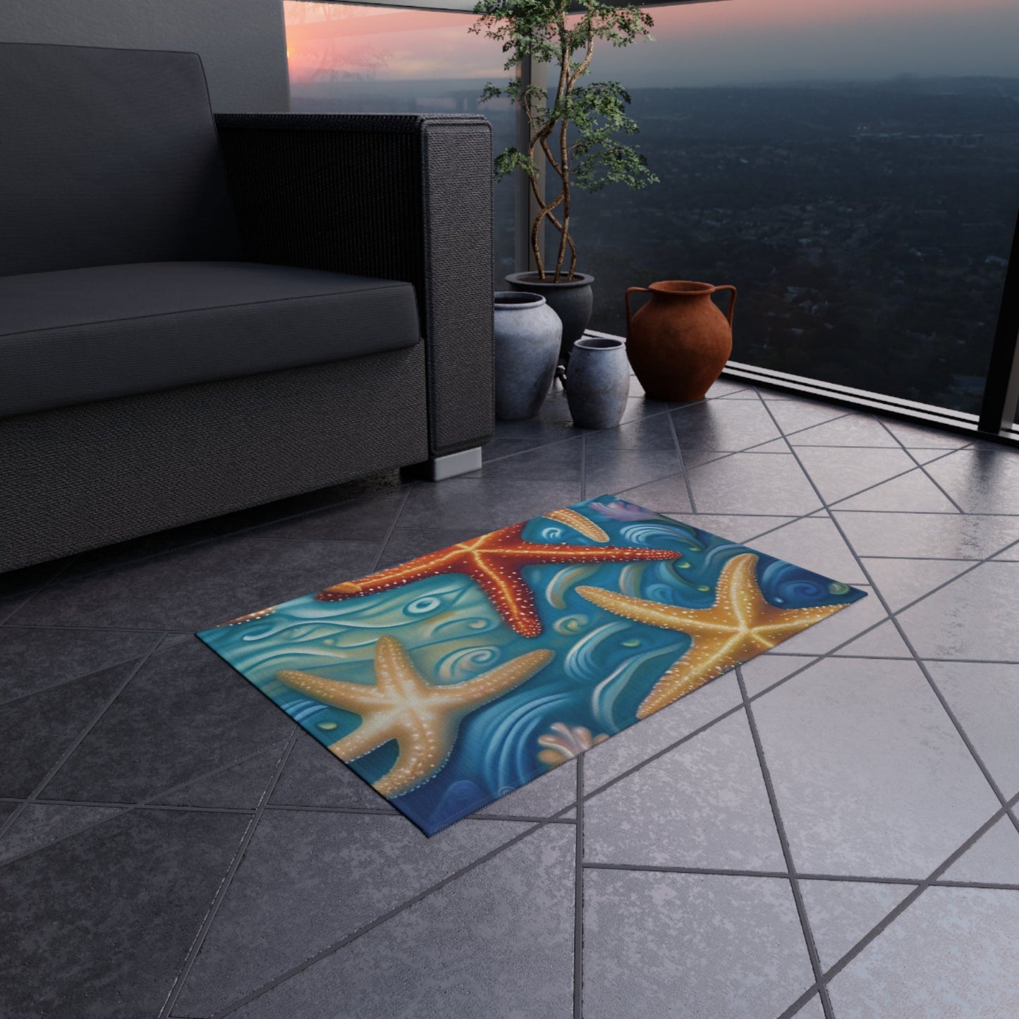 Nautical outdoor rug featuring coastal starfish design for patios and decks.