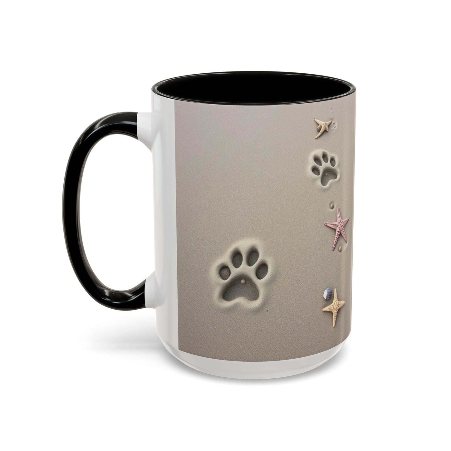 Nautical coffee mug with starfish and paw prints, perfect for beach lovers.