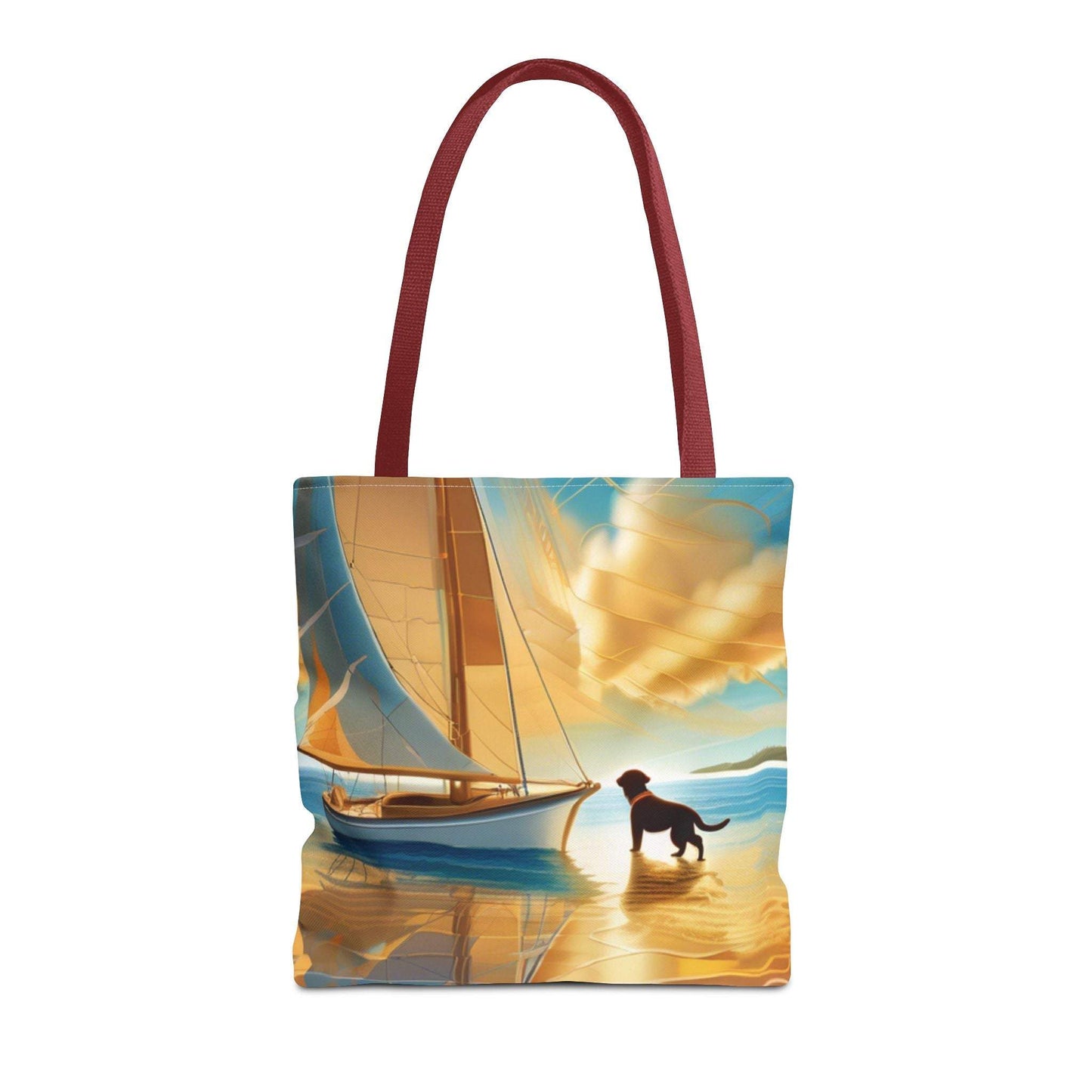 Tote bag featuring a sailing adventure design with a dog silhouette, perfect for nature enthusiasts and dog lovers.