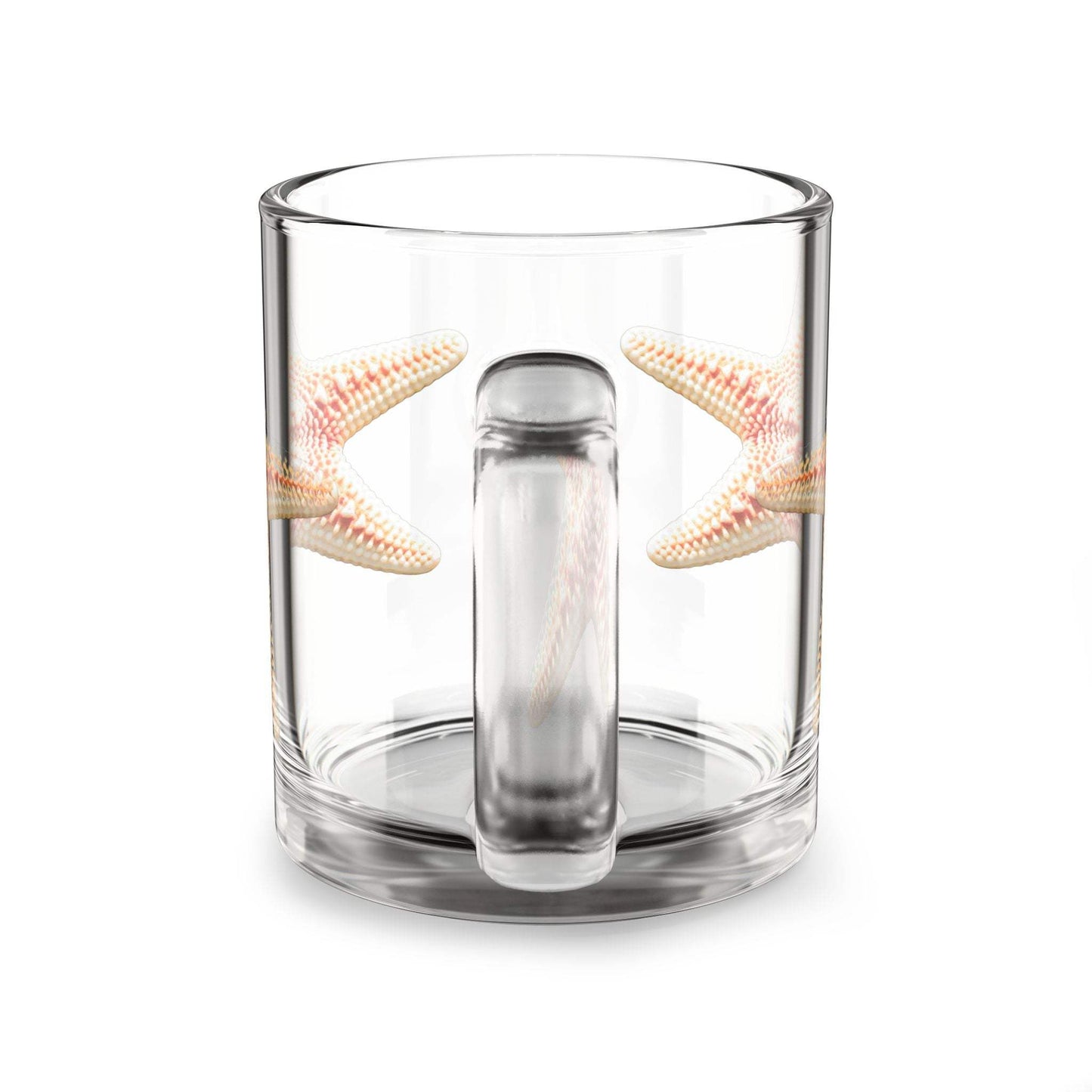 Beach-themed glass mug with starfish design, 10oz clear ocean-inspired drinkware.