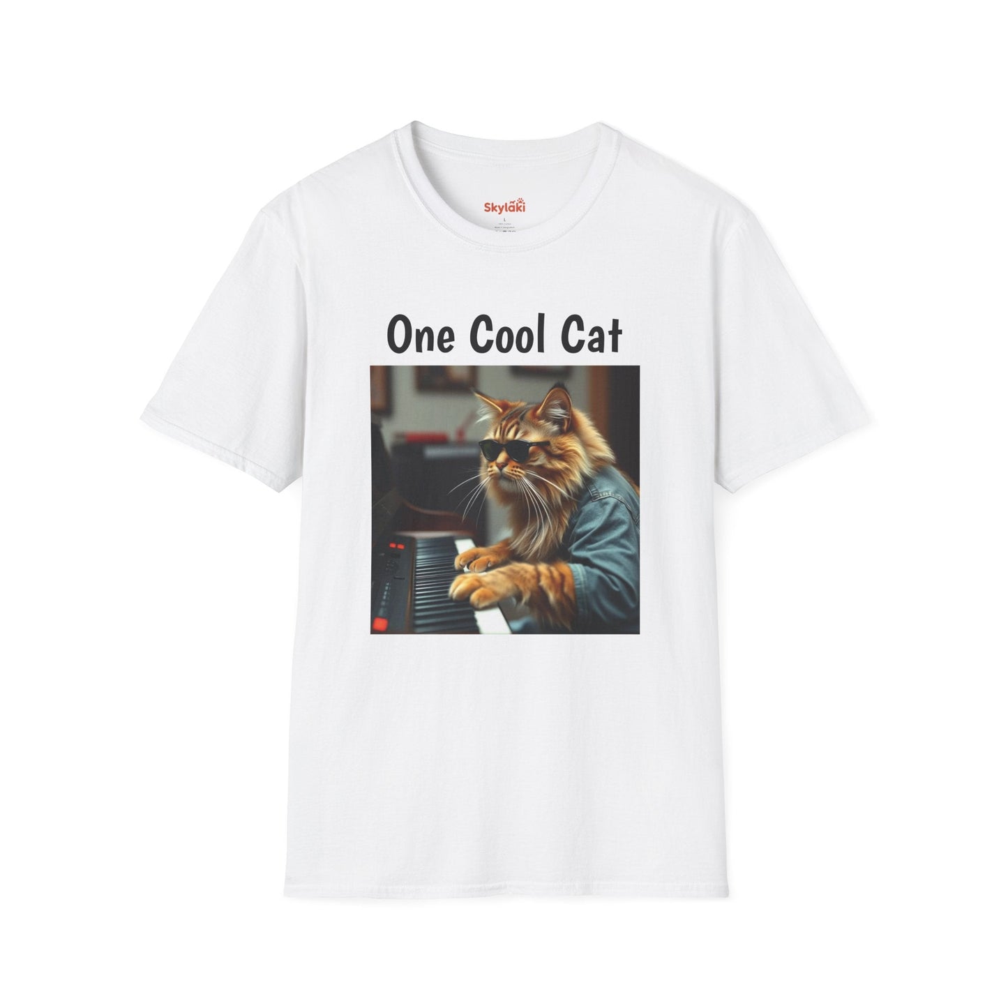 Unisex softstyle T-shirt with a whimsical cat playing the piano design, perfect cat lover gift.