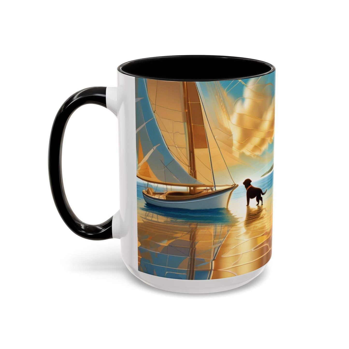 Serene Sunset Dog Lover's Mug with sailboat and dog artwork, available in 11oz and 15oz sizes.