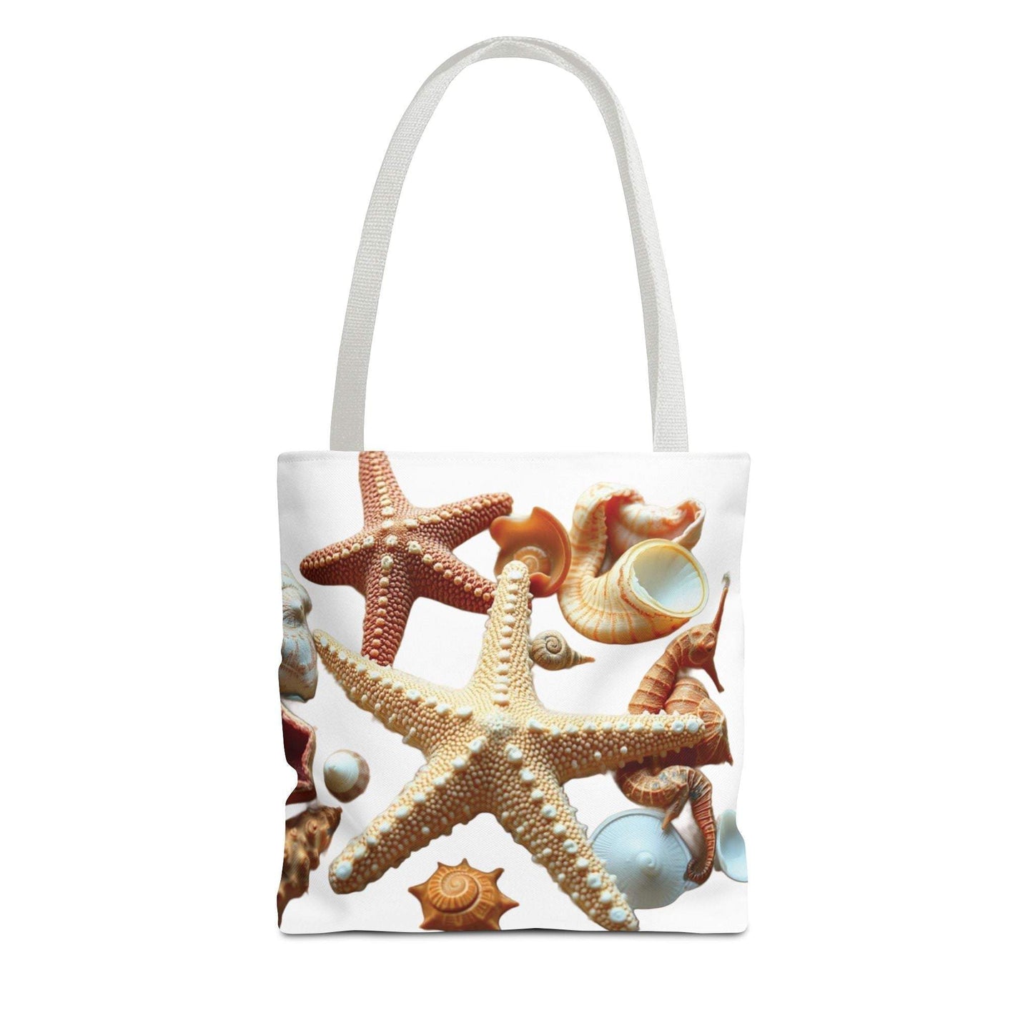 Beach tote bag with seashell and starfish design, lightweight and durable, perfect for summer outings.
