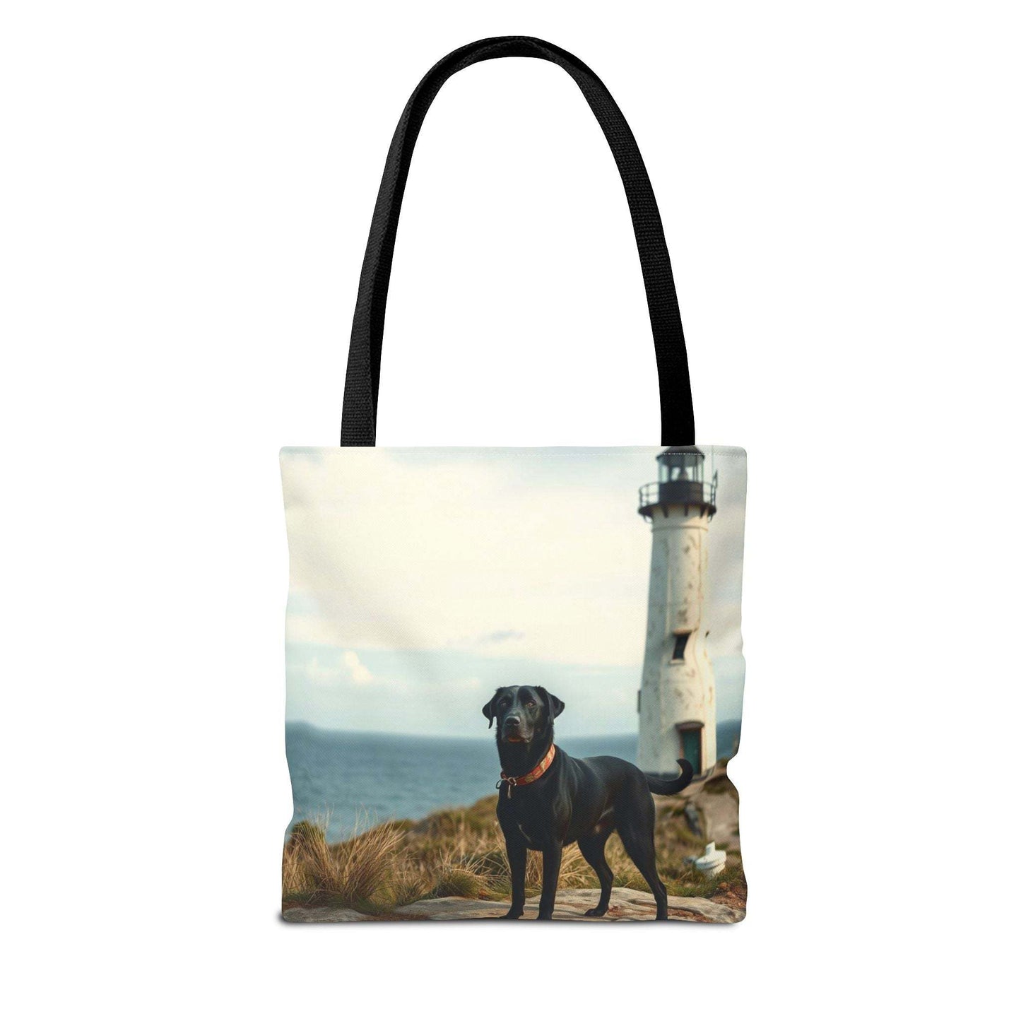 Coastal Canine Tote Bag with dog and lighthouse design for dog lovers and beachgoers.