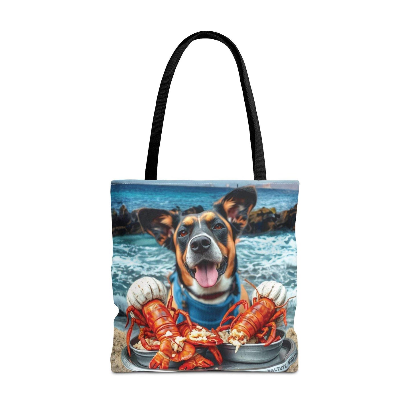 Happy Dog Lobster Tote Bag with playful beach design for pet lovers.
