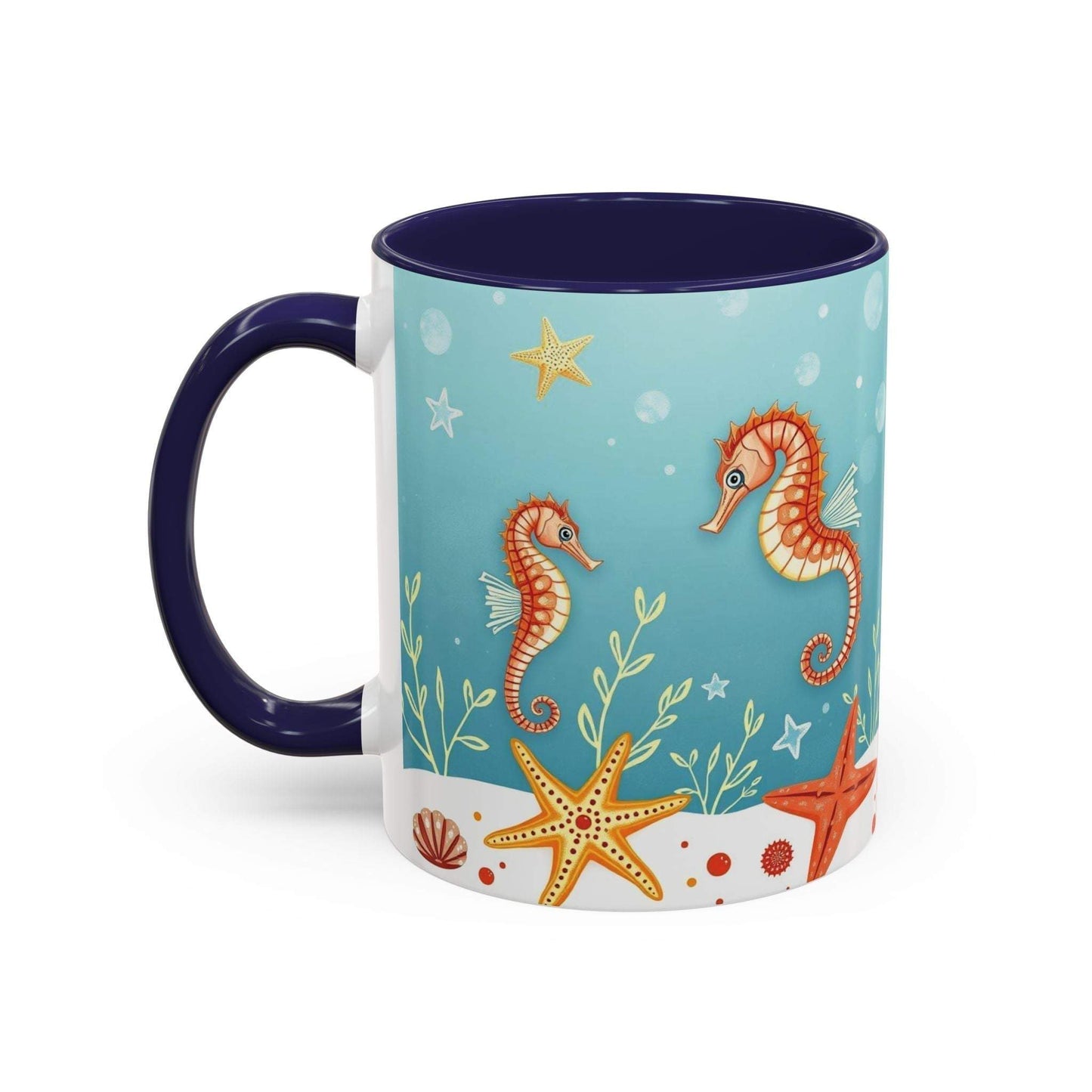 Ocean-themed accent coffee mug with seahorses and starfish design.