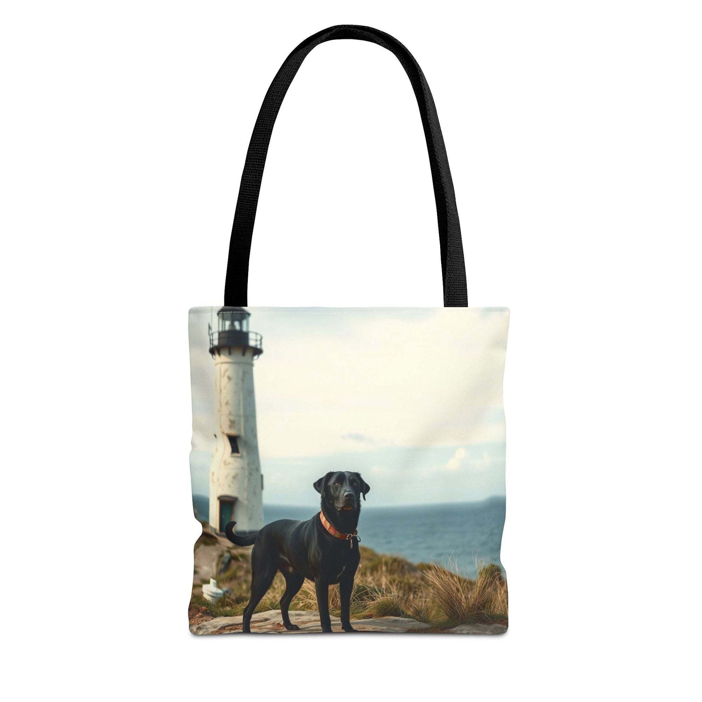 Coastal Canine Tote Bag with dog and lighthouse design, perfect for beach lovers.