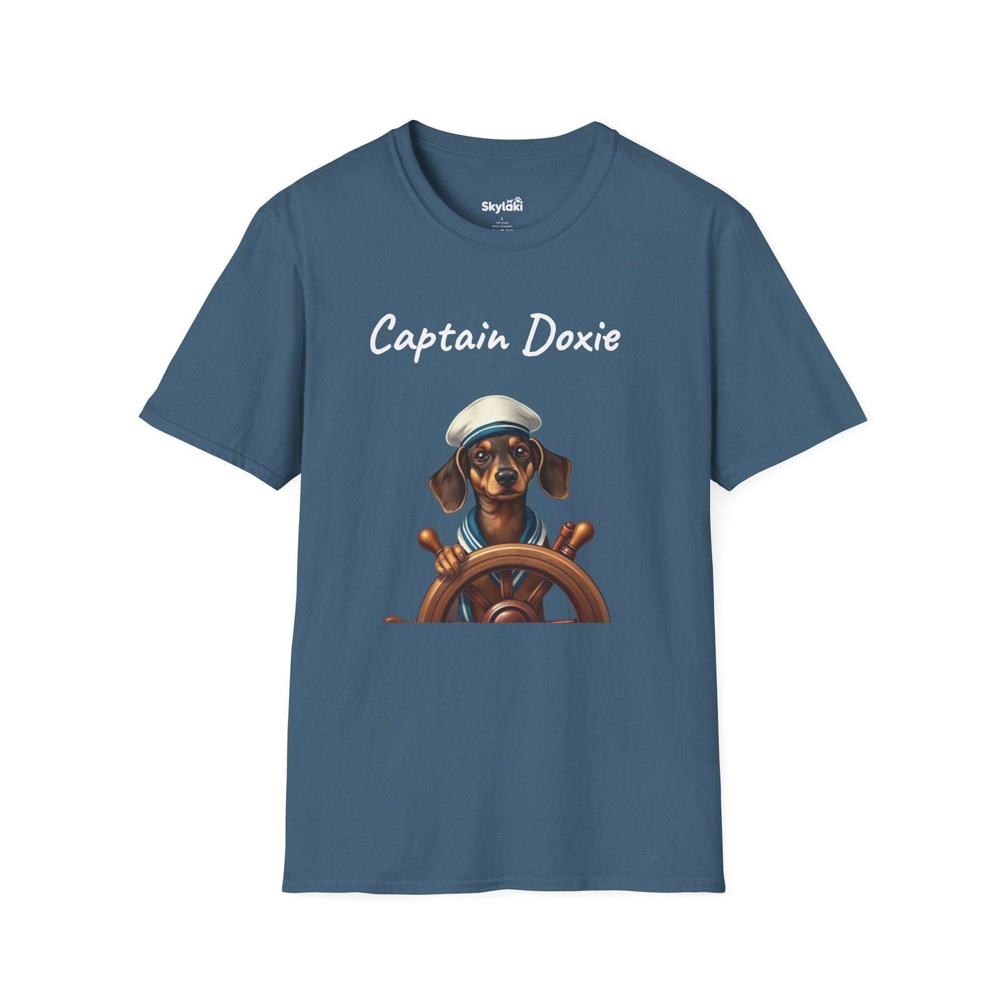 Captain Doxie Unisex Softstyle T Shirt with Nautical Dog Design