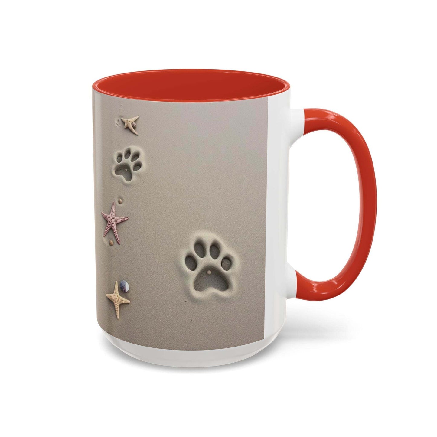 Nautical coffee mug with starfish and paw print design, perfect for beach lovers.