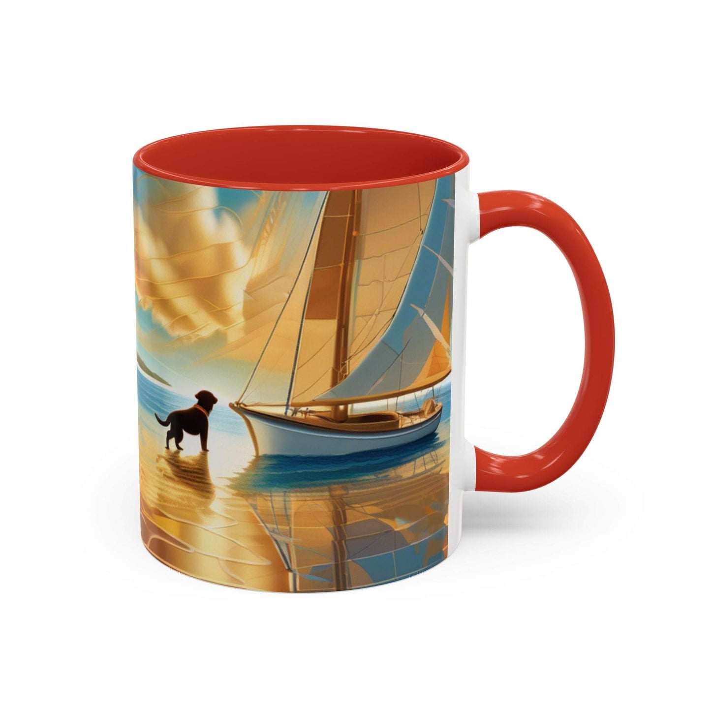 Serene Sunset Dog Lover's Mug with vibrant artwork of a dog by the sea, available in 11oz and 15oz sizes.